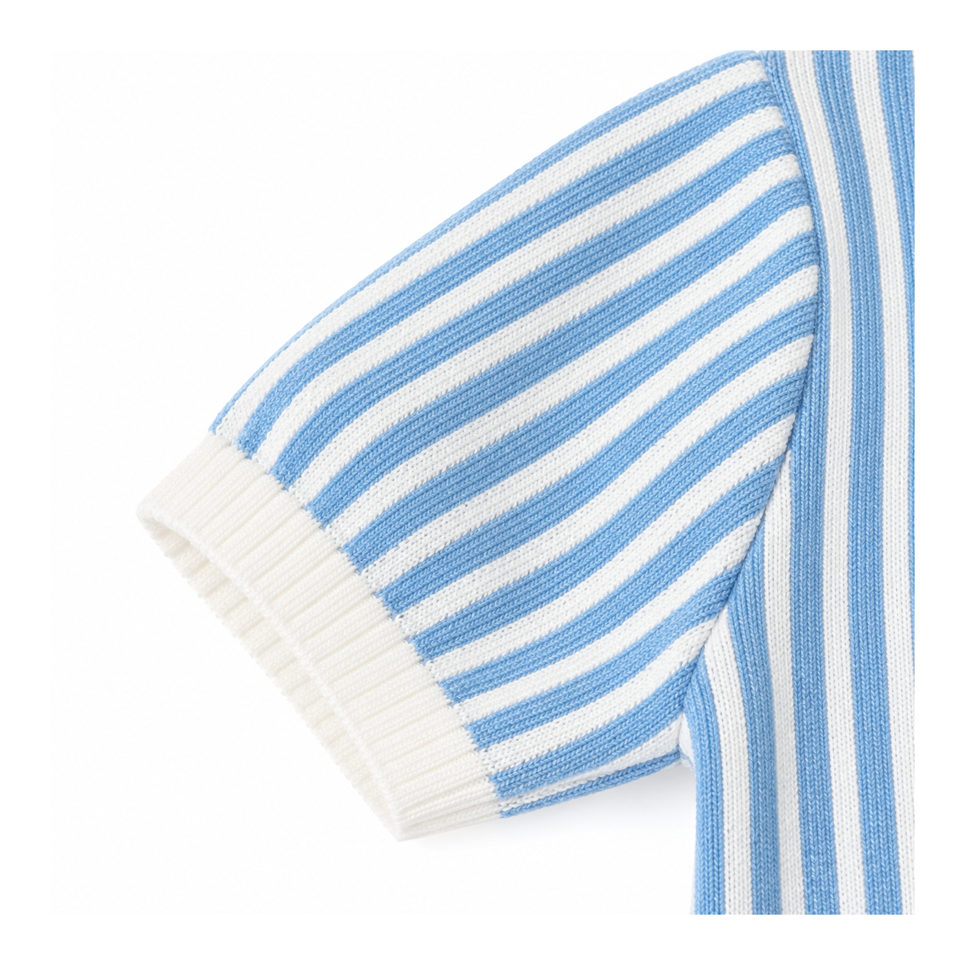 Close-up of the blue striped short sleeve and white ribbed cuff on the boys knit polo.