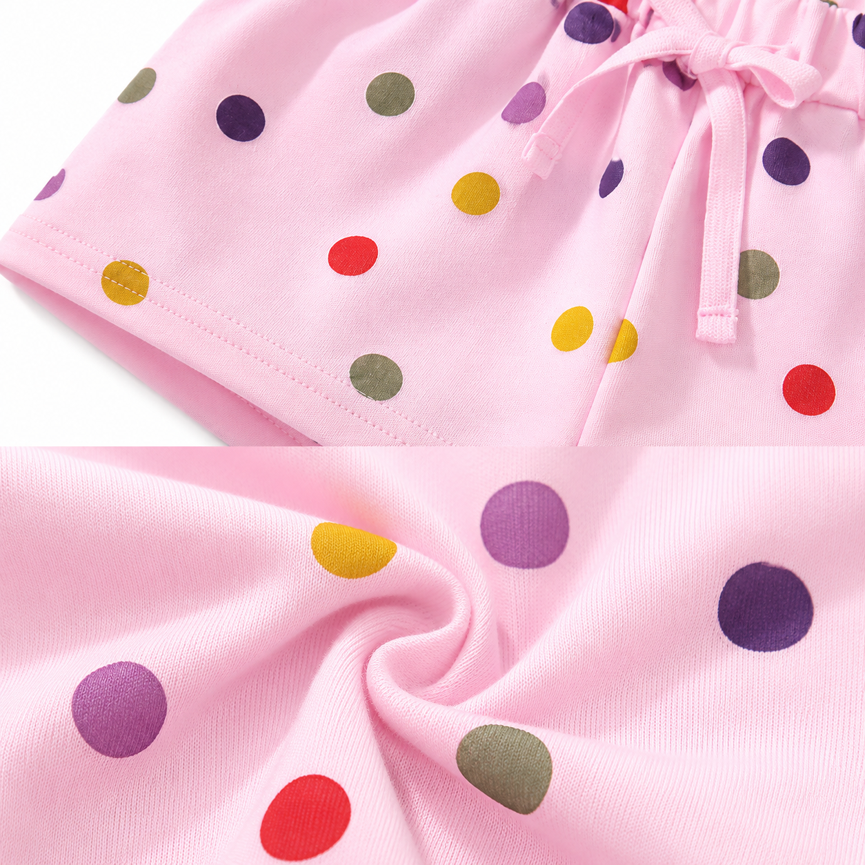 Close-up of soft cotton fabric texture on girls shorts.