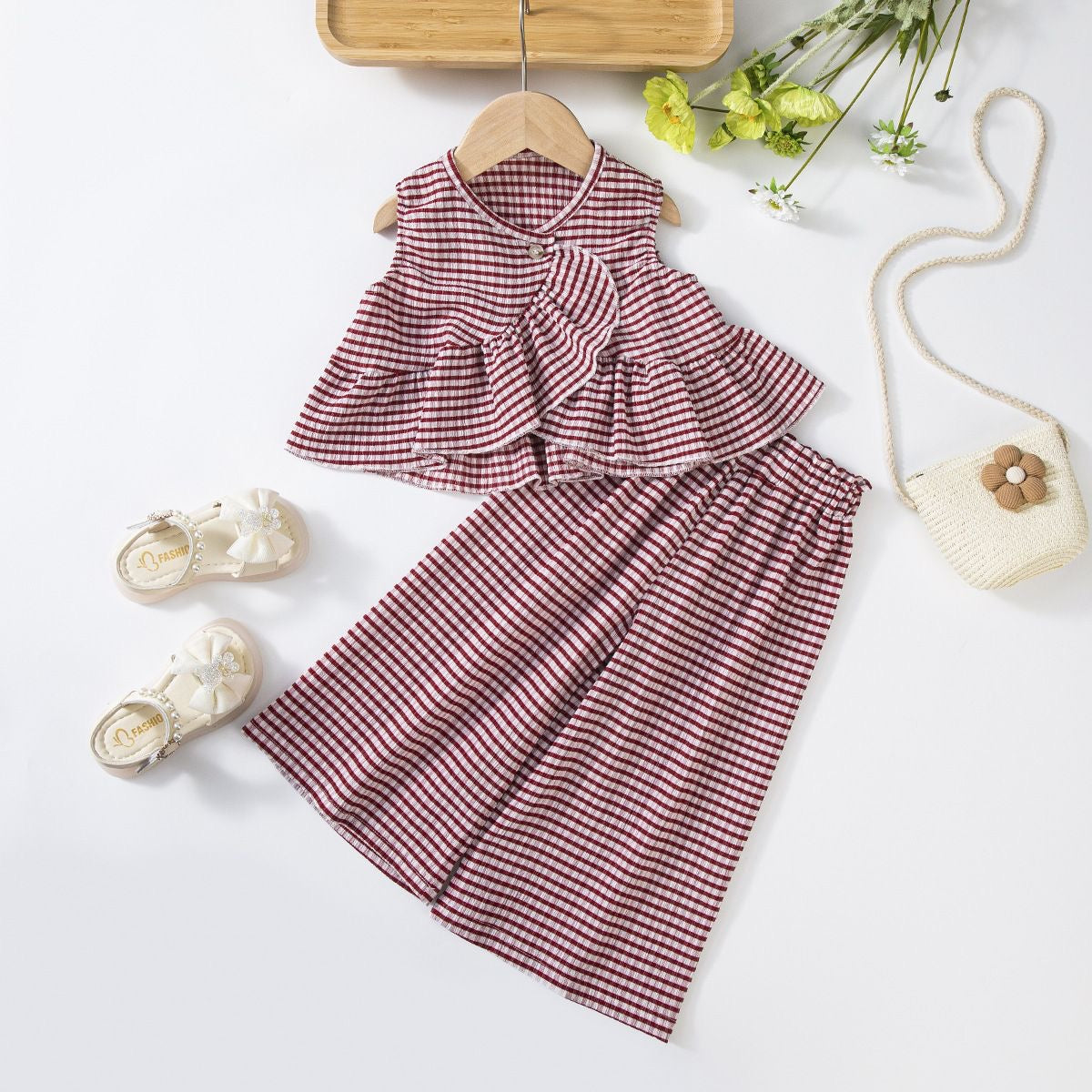 Girls Ruffle Stripe Top & Wide-Leg Pants Set