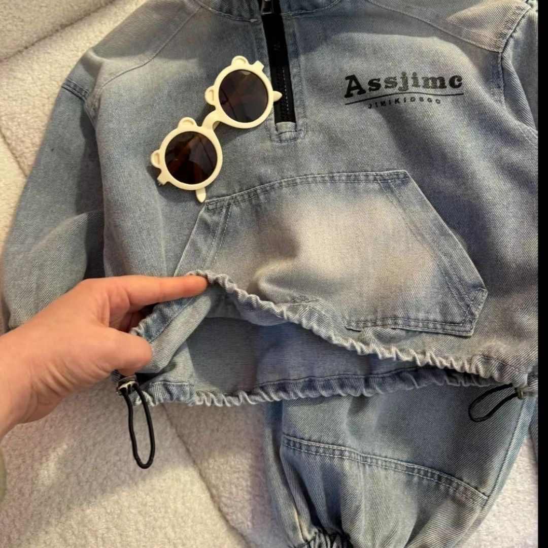 Kids Vintage Washed Denim Set — Half-Zip Jacket + Jogger Pants