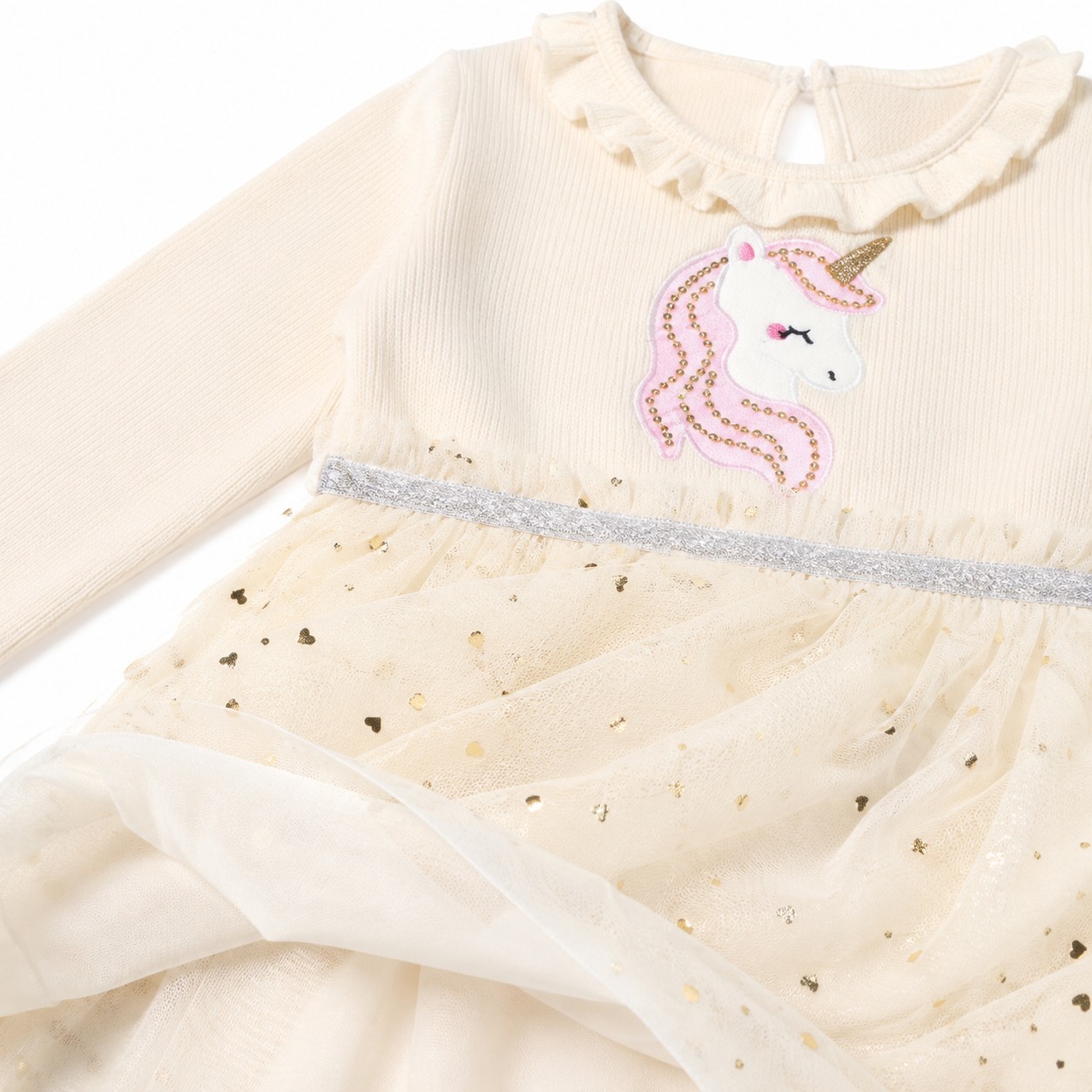 Close-up of the dotted tulle skirt overlay and inner lining.