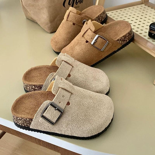 Kids suede clogs styled with girls dress and everyday outfit