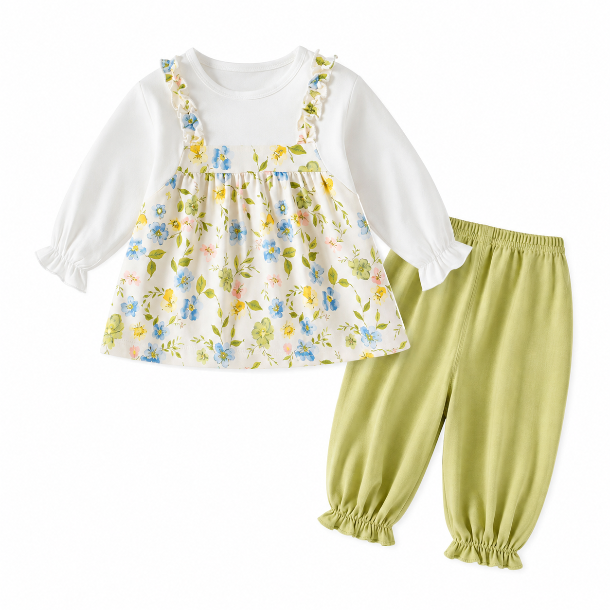 Front flat lay of a girls cotton lounge set with a white floral top and soft green pants.