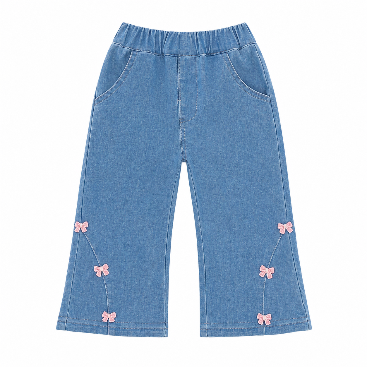 Light blue girls wide leg jeans front flat lay with pink bow details