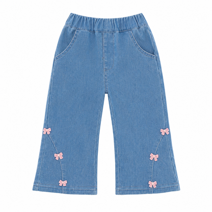 Light blue girls wide leg jeans front flat lay with pink bow details