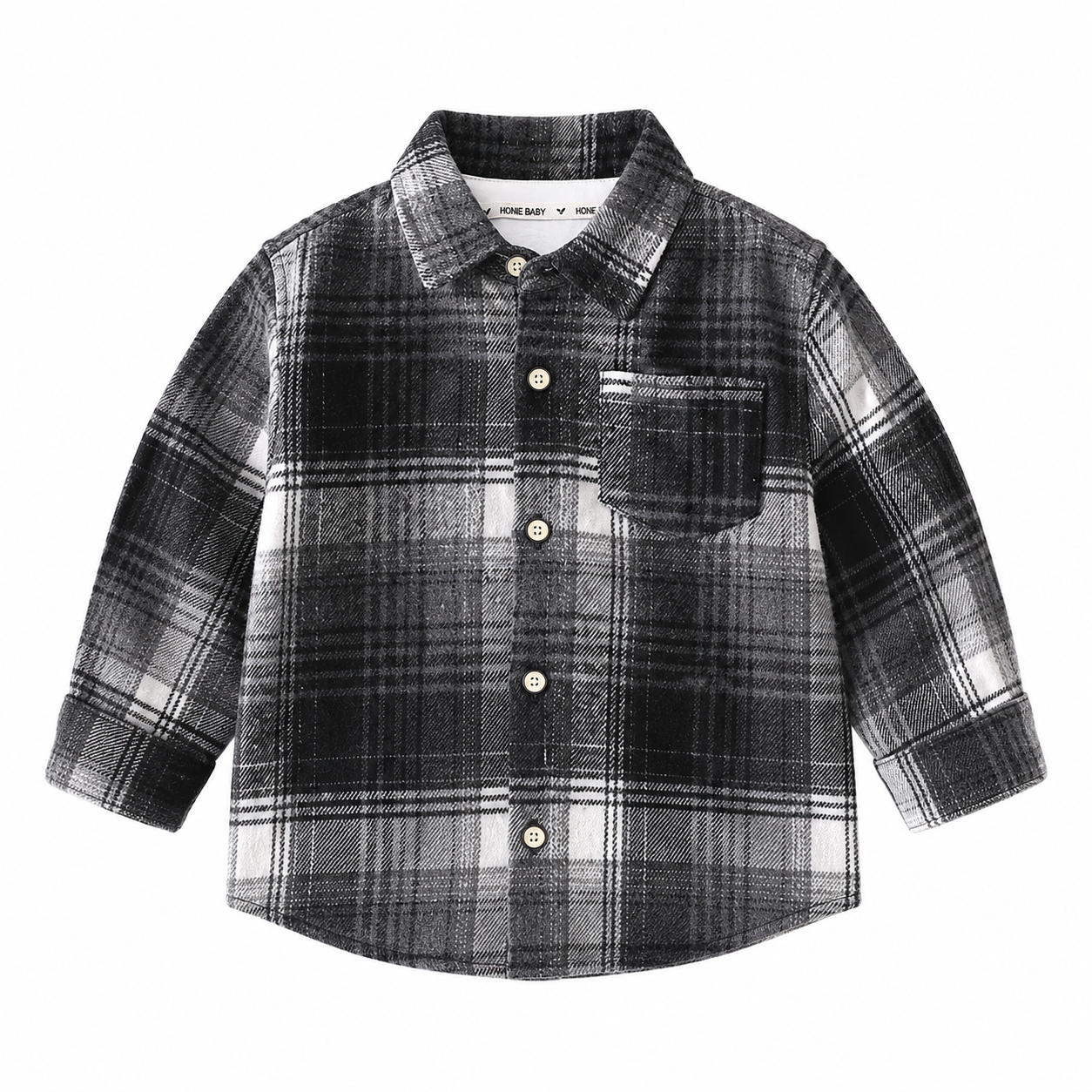 Black Gray kids plaid shirt front view