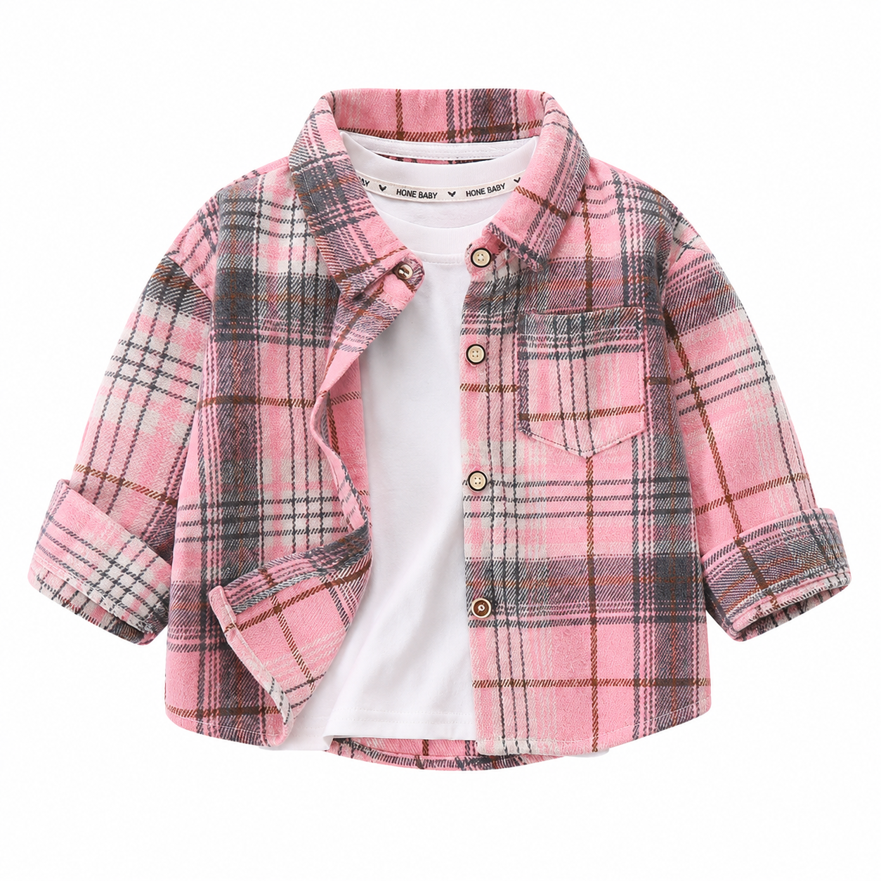 Pink kids plaid shirt front view