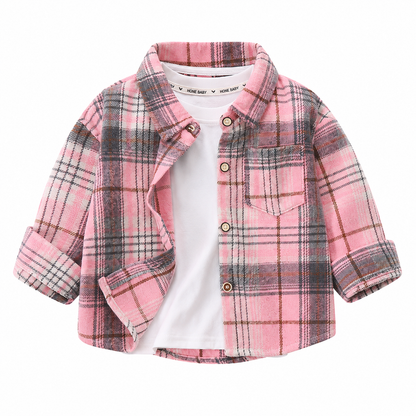 Pink kids plaid shirt front view