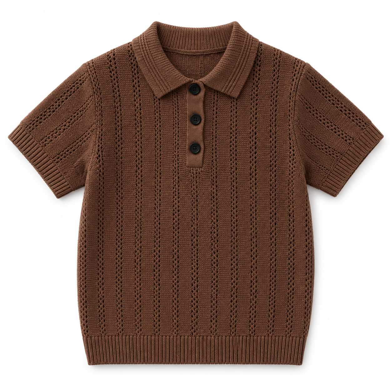 Front view of the chocolate-brown boys openwork knit polo shirt with three dark buttons and ribbed trim.