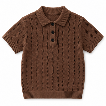 Front view of the chocolate-brown boys openwork knit polo shirt with three dark buttons and ribbed trim.