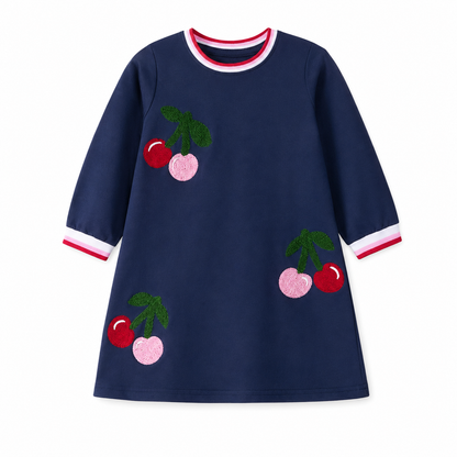 Front view of a navy girls long sleeve dress with cherry details and contrast neckline trim.