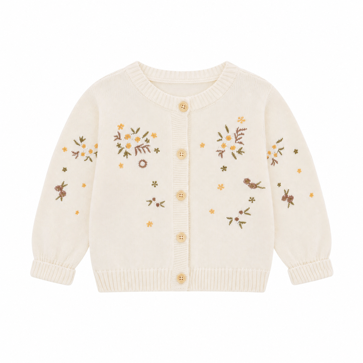 Front view of the cream girls cotton knit cardigan with botanical embroidery and button-front closure.
