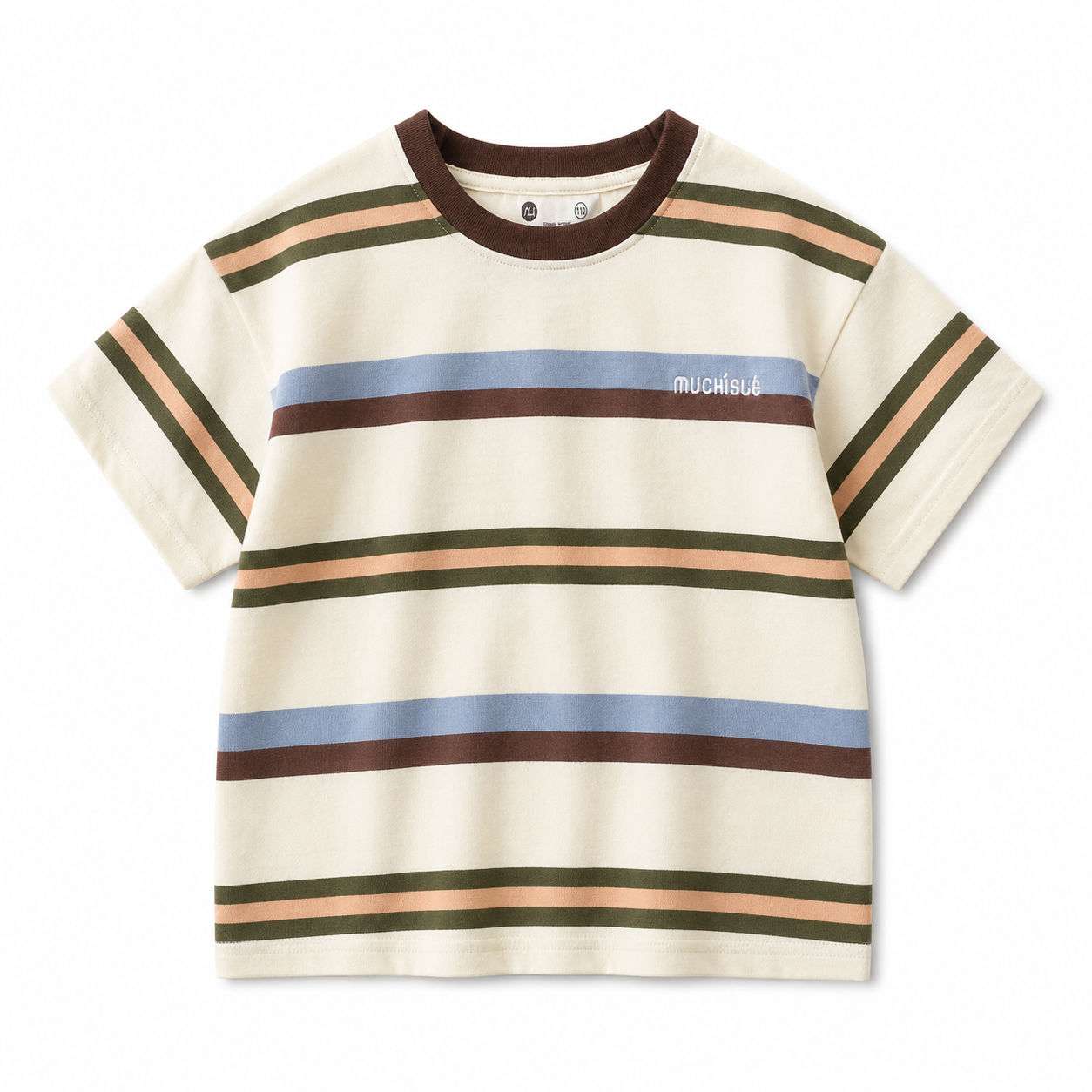 Front view of the cream boys striped cotton-blend T-shirt with multicolor horizontal stripes and an embroidered chest detail.