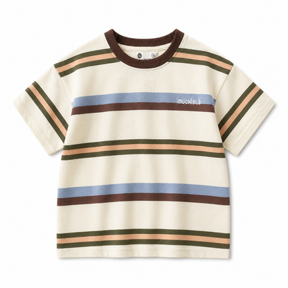 Front view of the cream boys striped cotton-blend T-shirt with multicolor horizontal stripes and an embroidered chest detail.