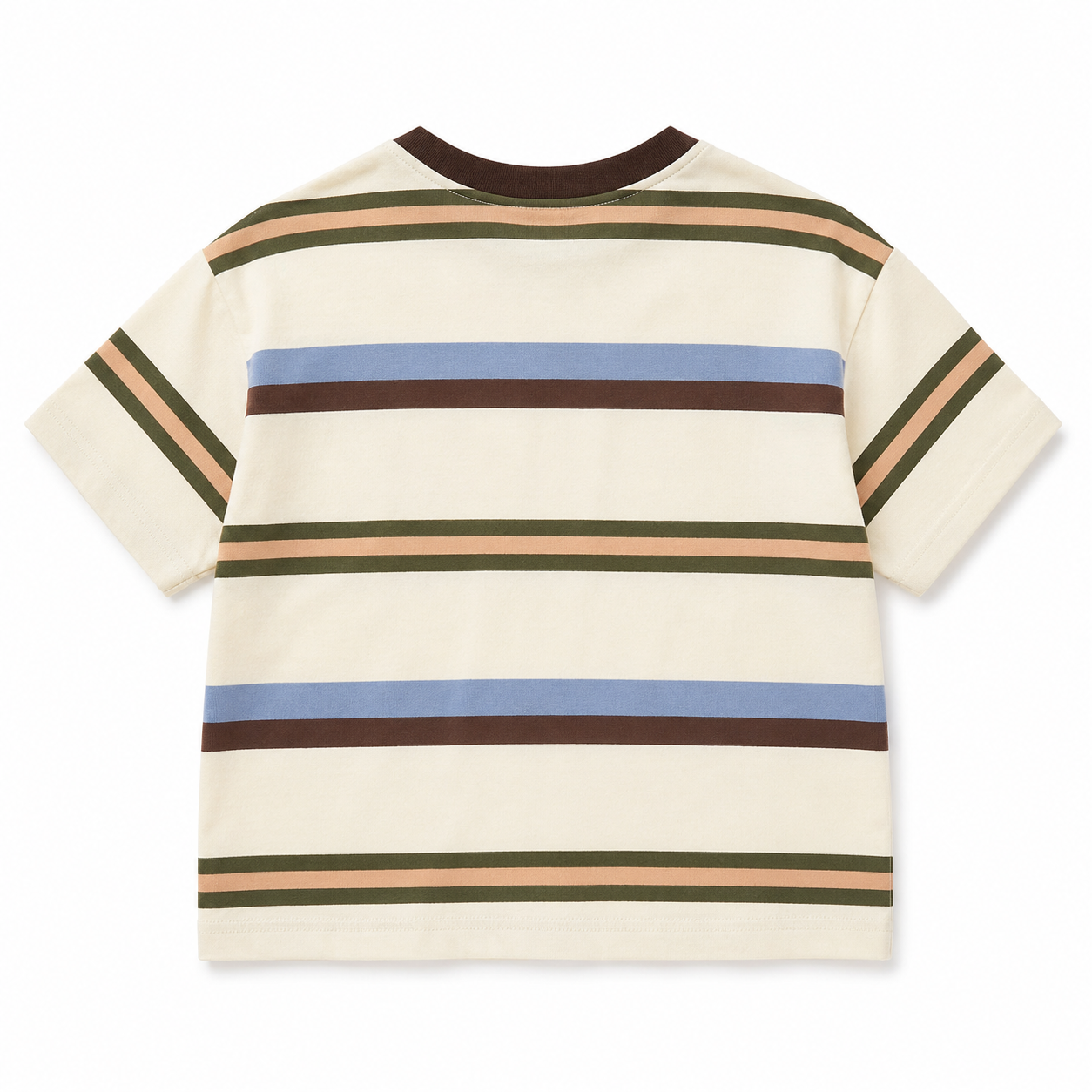 Back view of the cream boys striped short-sleeve T-shirt with continuous multicolor horizontal stripes.