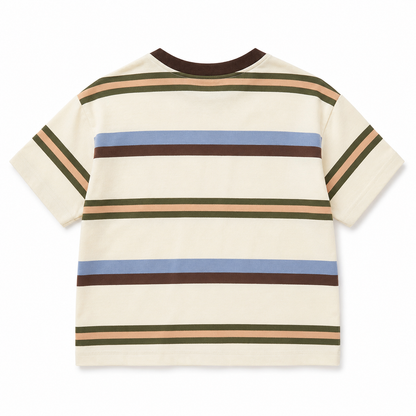 Back view of the cream boys striped short-sleeve T-shirt with continuous multicolor horizontal stripes.