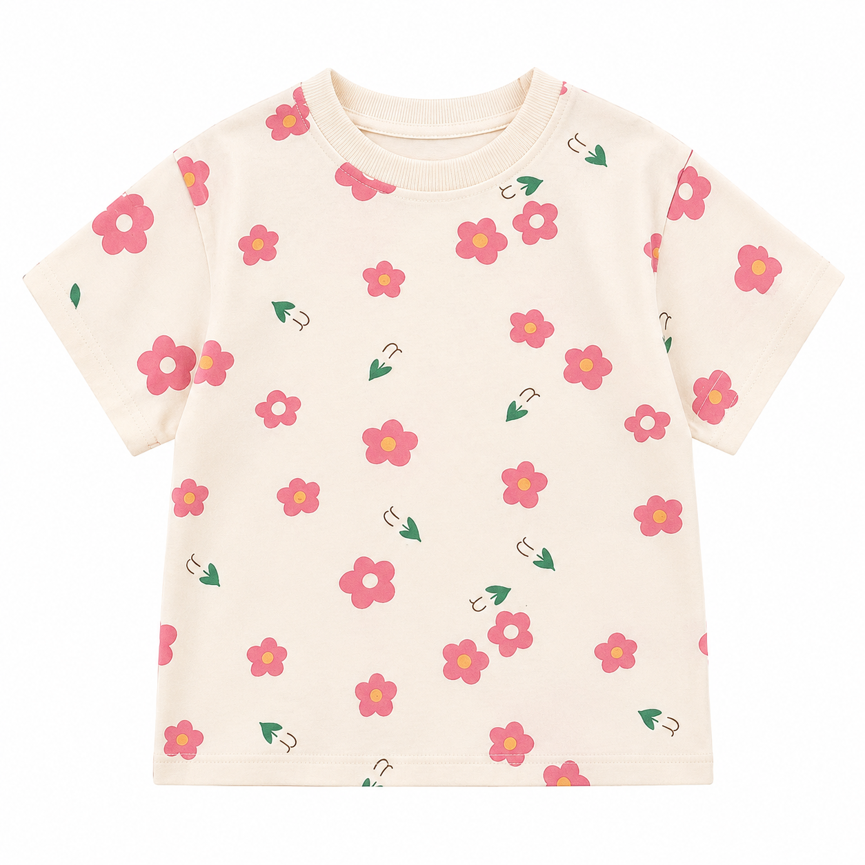 Front flat lay of a cream girls cotton t shirt with pink flower print on a white background.