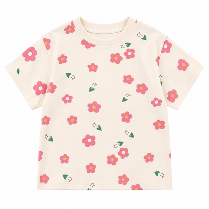 Front flat lay of a cream girls cotton t shirt with pink flower print on a white background.