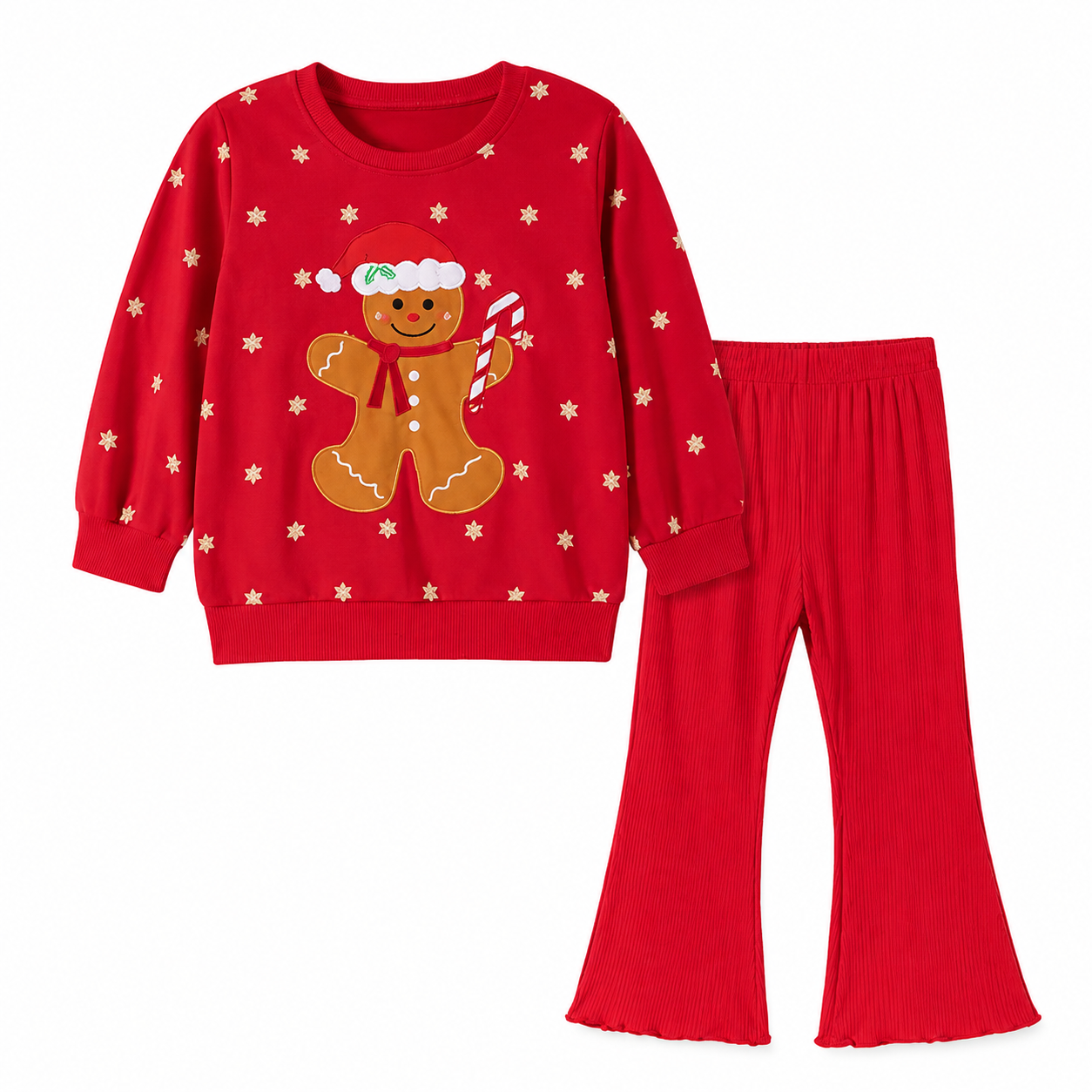 Front flat lay of a red girls cotton Christmas set with gingerbread detail.