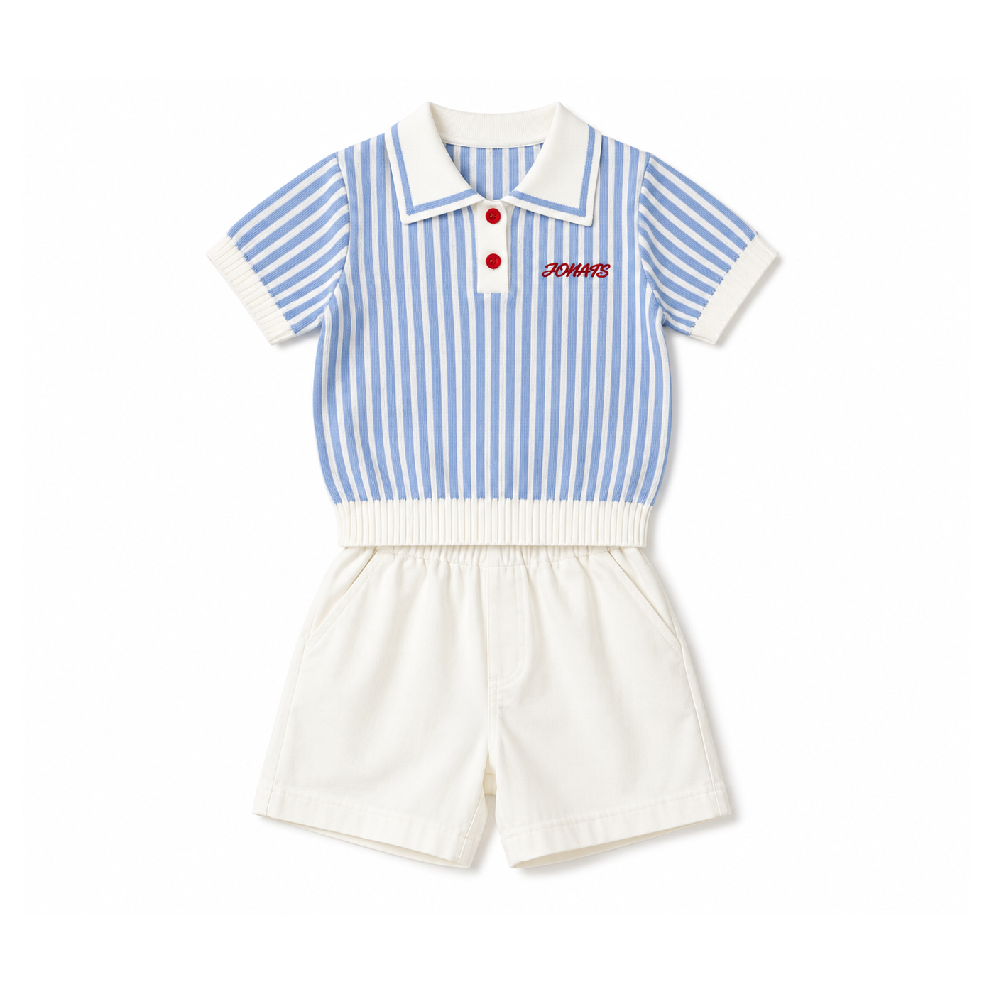 Front flat lay of a boys blue striped knit polo and white cotton shorts set.