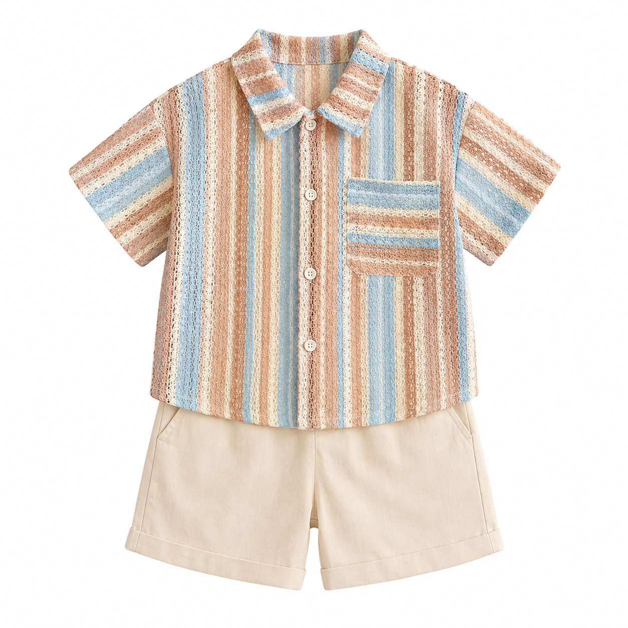 Front flat lay of boys pastel stripe shirt and oatmeal shorts set.