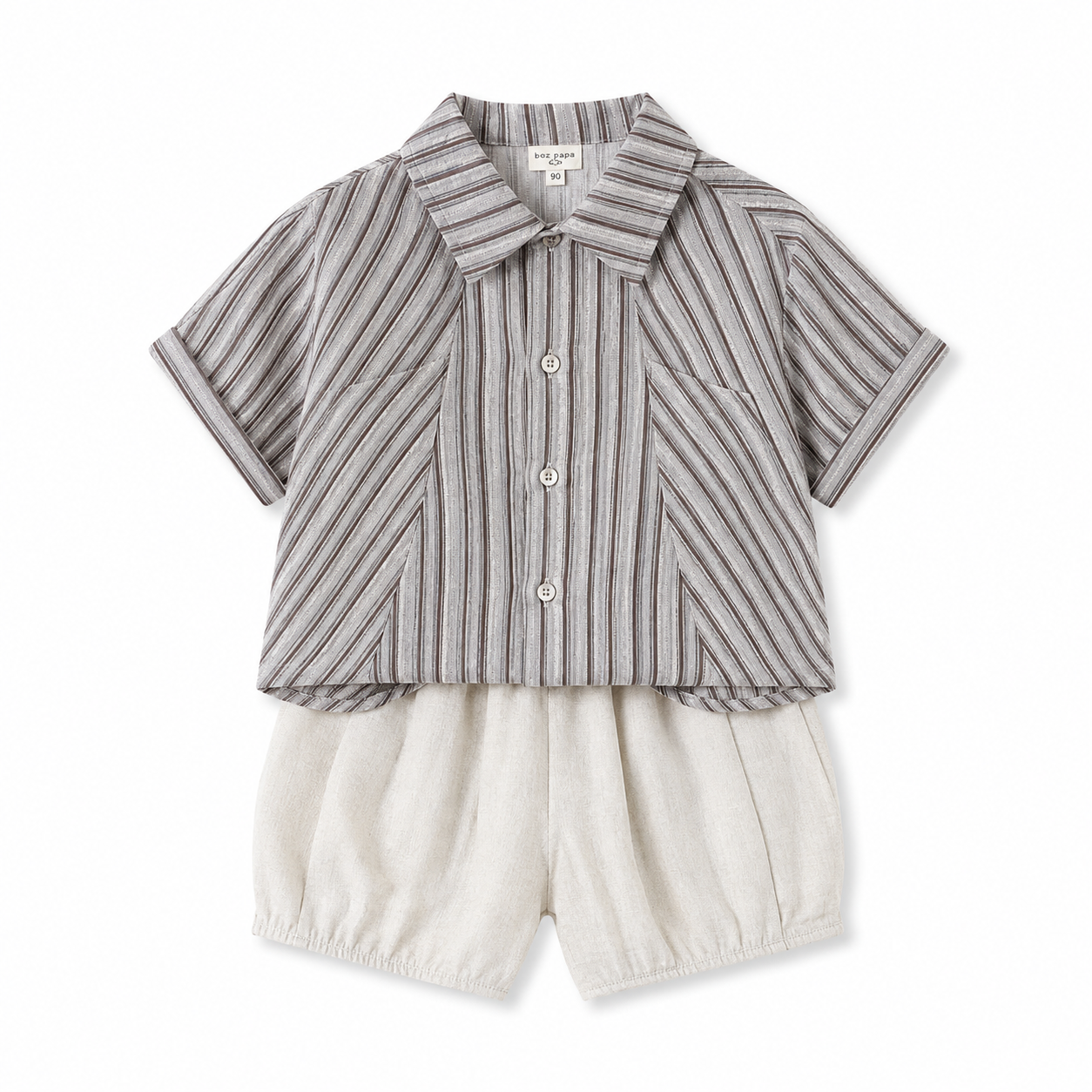 Front flat lay of boys striped shirt and shorts set in taupe stripe and oatmeal.