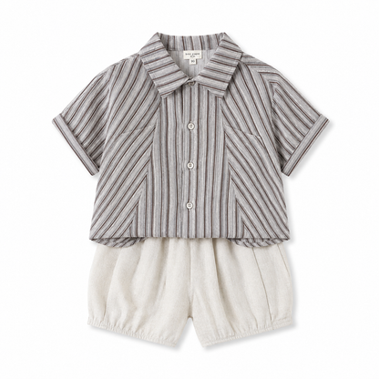 Front flat lay of boys striped shirt and shorts set in taupe stripe and oatmeal.