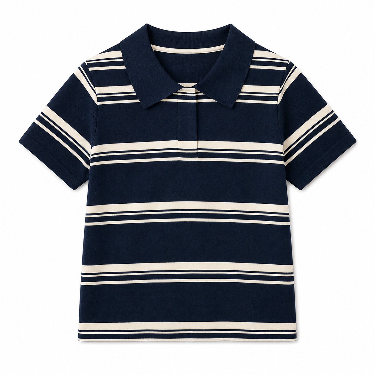 Front flat lay of a navy striped girls polo shirt with short sleeves and a collared neckline on a white background.