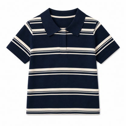 Front flat lay of a navy striped girls polo shirt with short sleeves and a collared neckline on a white background.