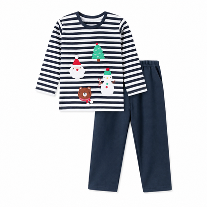 Front view of a navy and white striped kids cotton set with festive applique and matching navy pants.