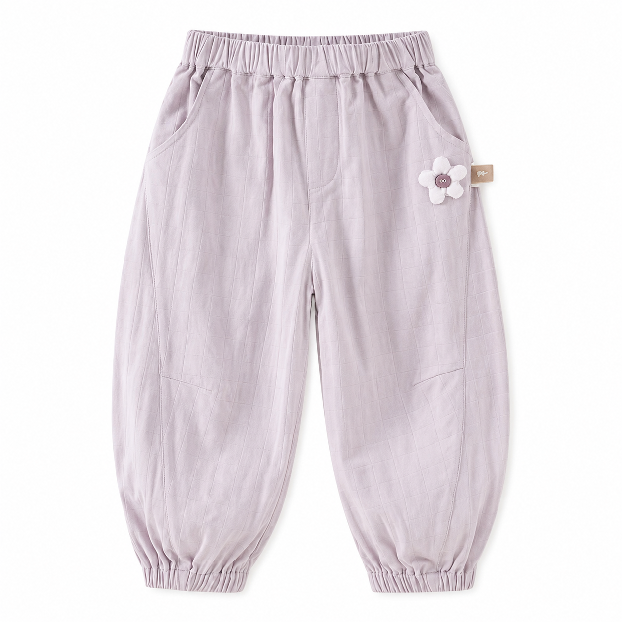 Purple girls balloon pants front flat lay with elastic waist and flower detail
