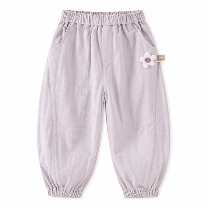 Purple girls balloon pants front flat lay with elastic waist and flower detail