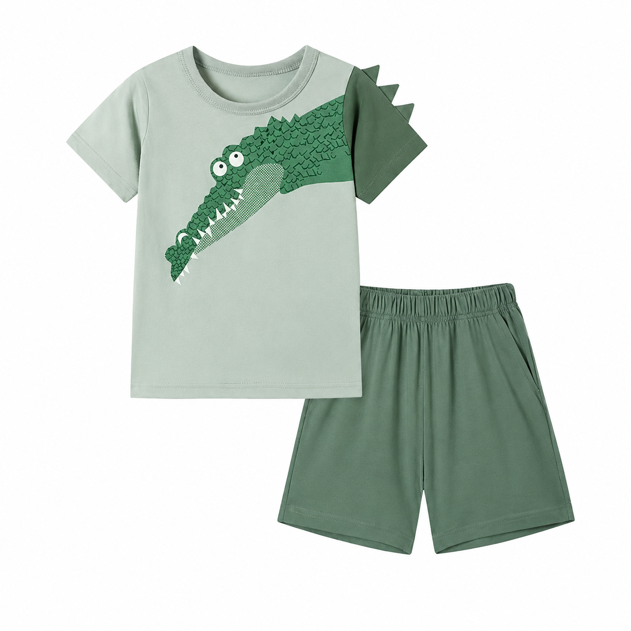 Front flat lay of a green boys cotton shorts set with crocodile graphic.