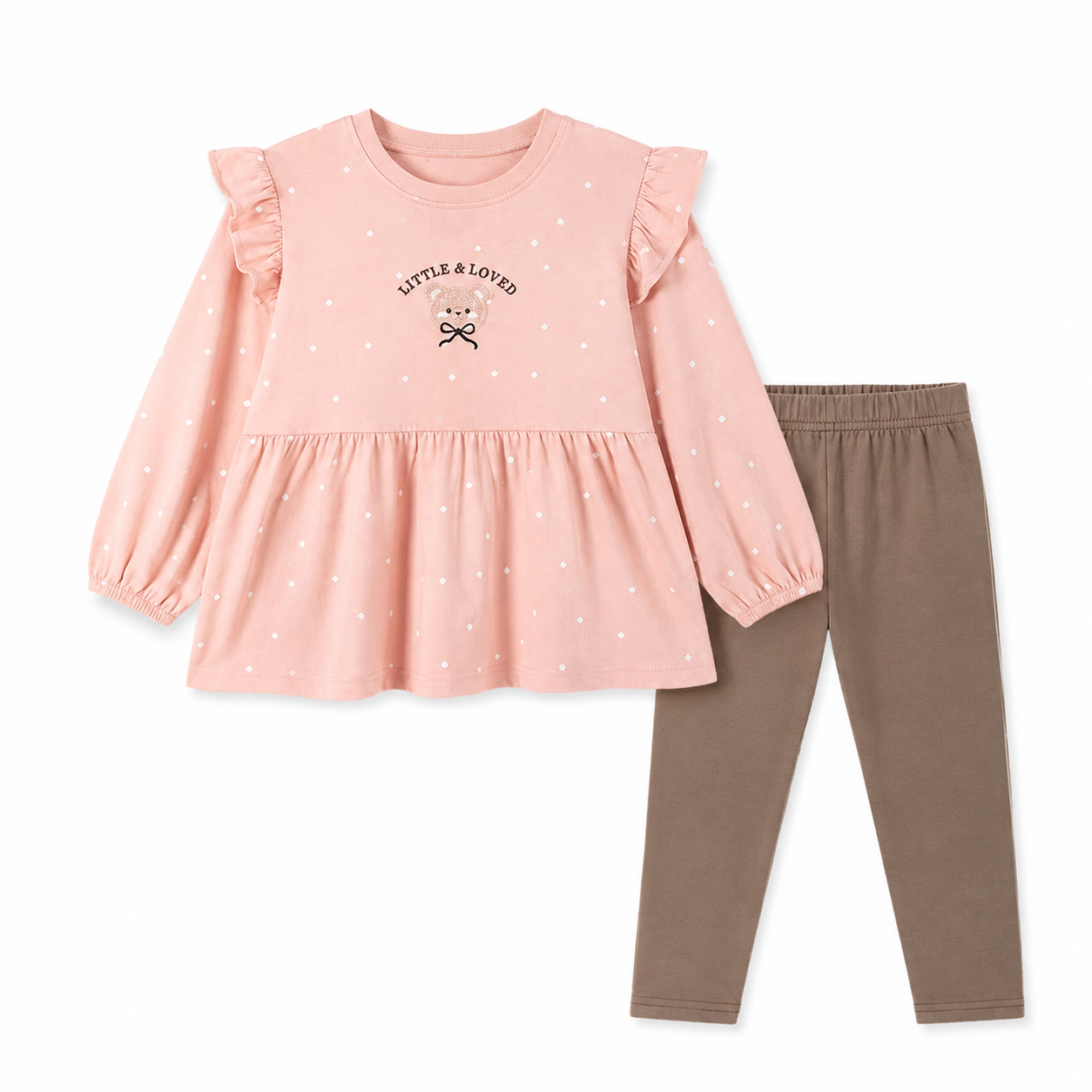 Front flat lay of a blush pink and taupe girls cotton two piece set with a polka dot ruffle top and matching pants.