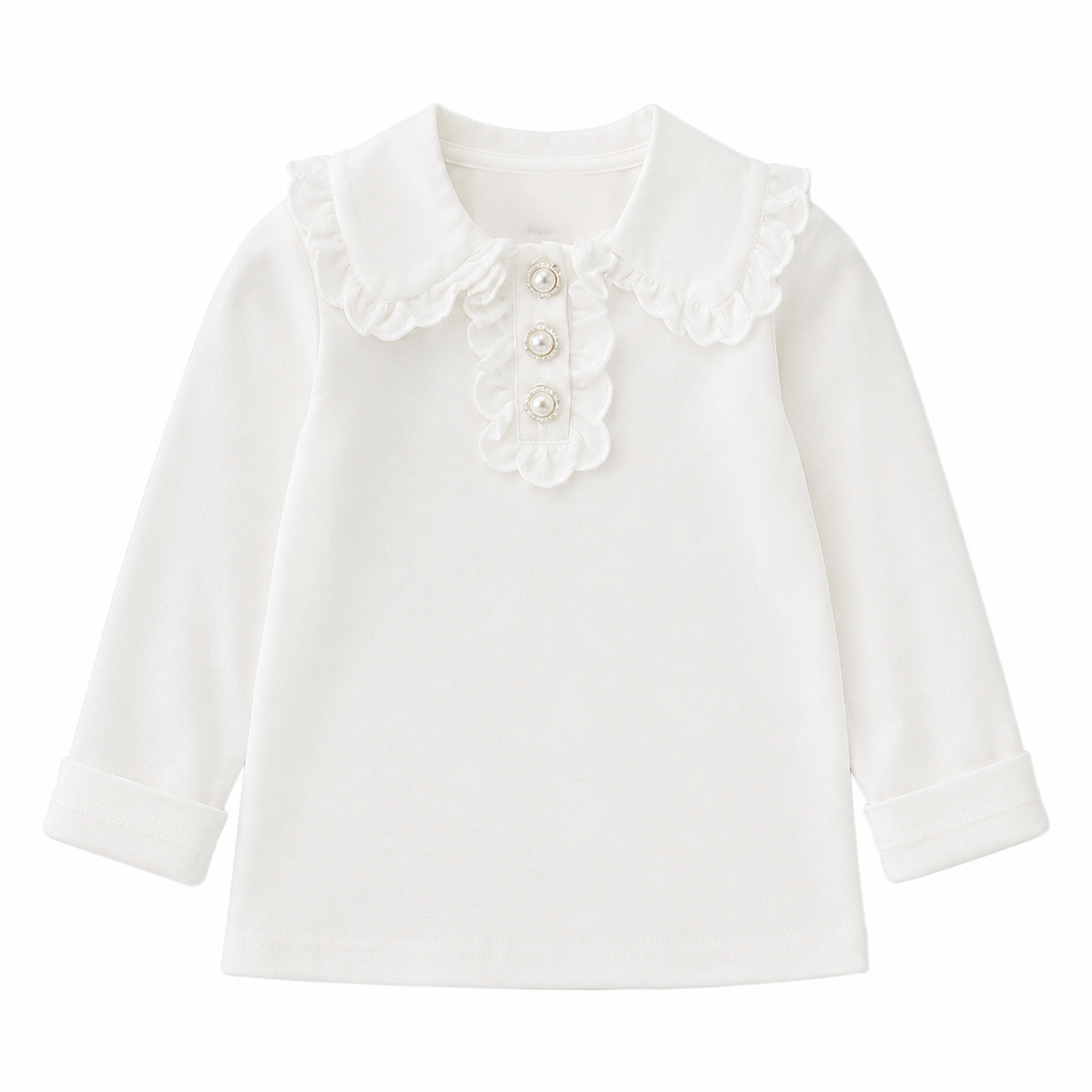 Front flat lay of a white girls cotton top with long sleeves, ruffle collar, and decorative button details.