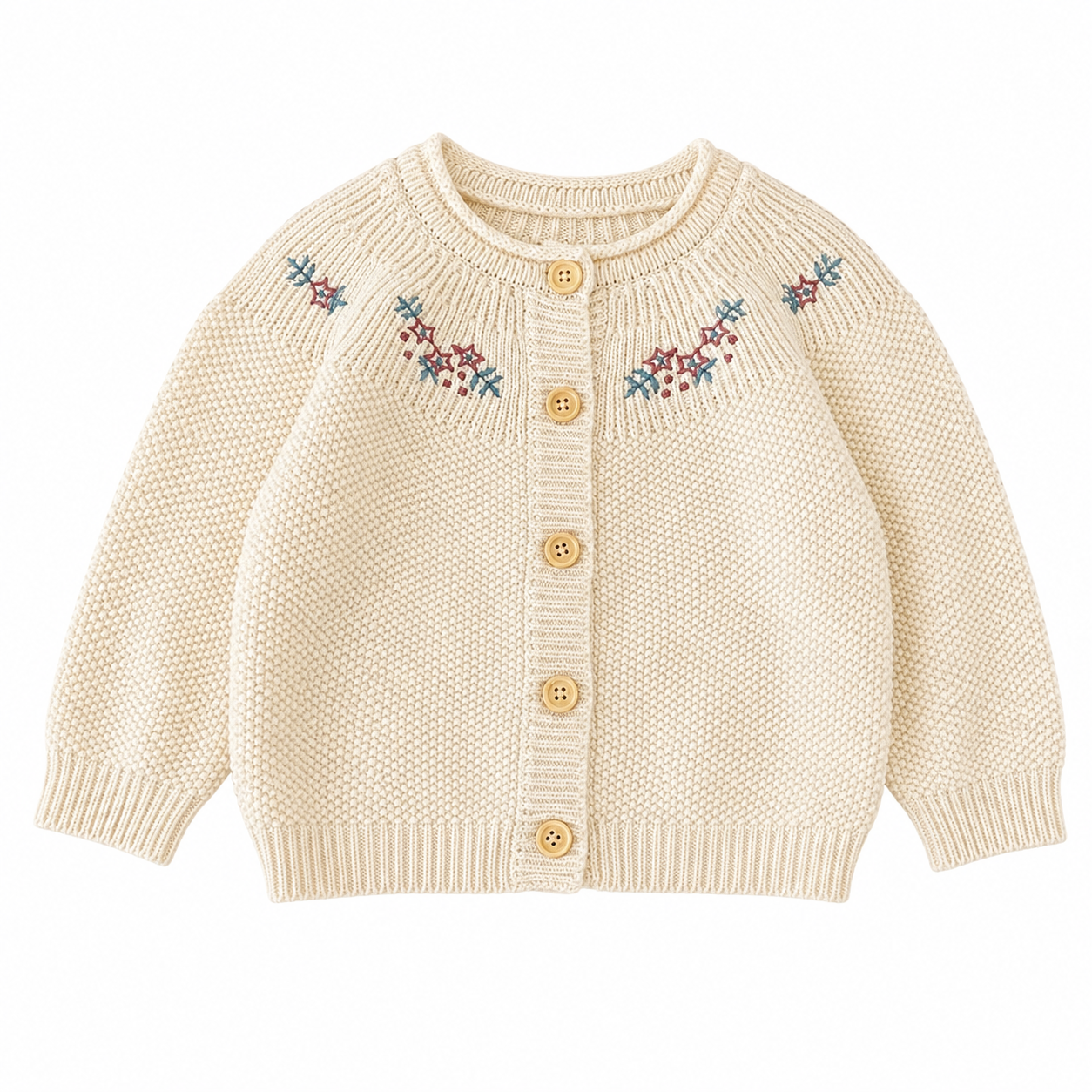Front flat lay of a cream girls cotton cardigan with floral embroidery and button front.