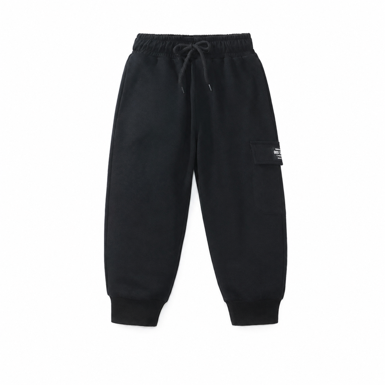 Black kids cotton joggers front flat lay with elastic waist and cargo pocket