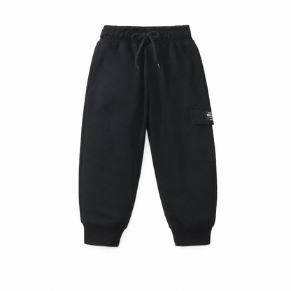 Black kids cotton joggers front flat lay with elastic waist and cargo pocket