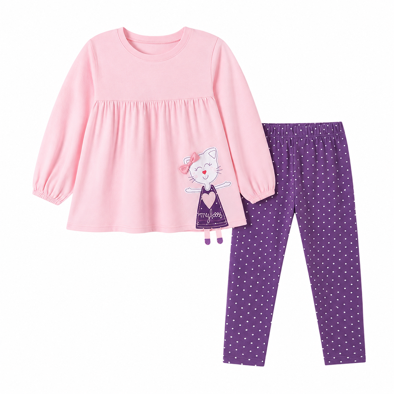 Front flat lay of a pink and purple girls cotton set with kitty top and polka-dot pants.