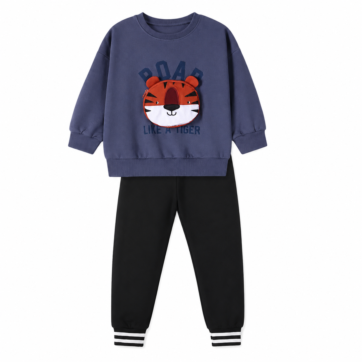 Front view of a kids cotton set with a blue tiger sweatshirt and black jogger pants.