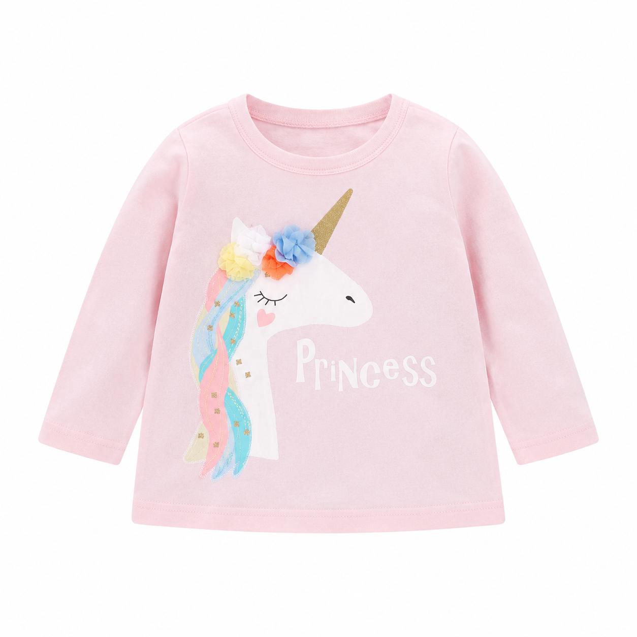 Front flat lay of a pink girls cotton top with a unicorn graphic and floral applique detail.
