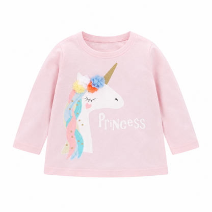 Front flat lay of a pink girls cotton top with a unicorn graphic and floral applique detail.
