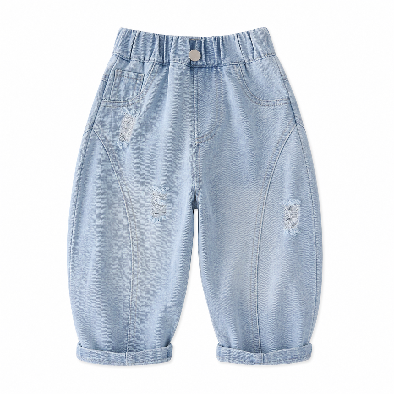 Front flat lay of light blue boys denim joggers with elastic waist and distressed details.