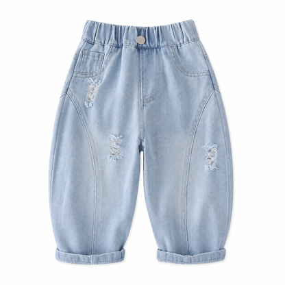 Front flat lay of light blue boys denim joggers with elastic waist and distressed details.