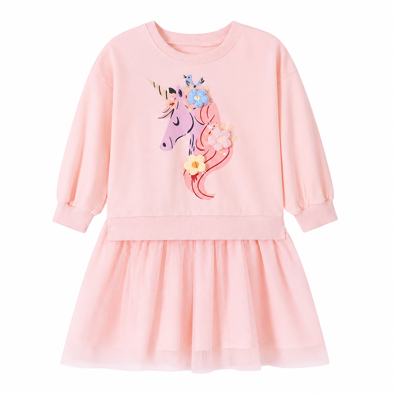 Front flat lay of a pink girls cotton dress with a unicorn applique and tulle skirt.