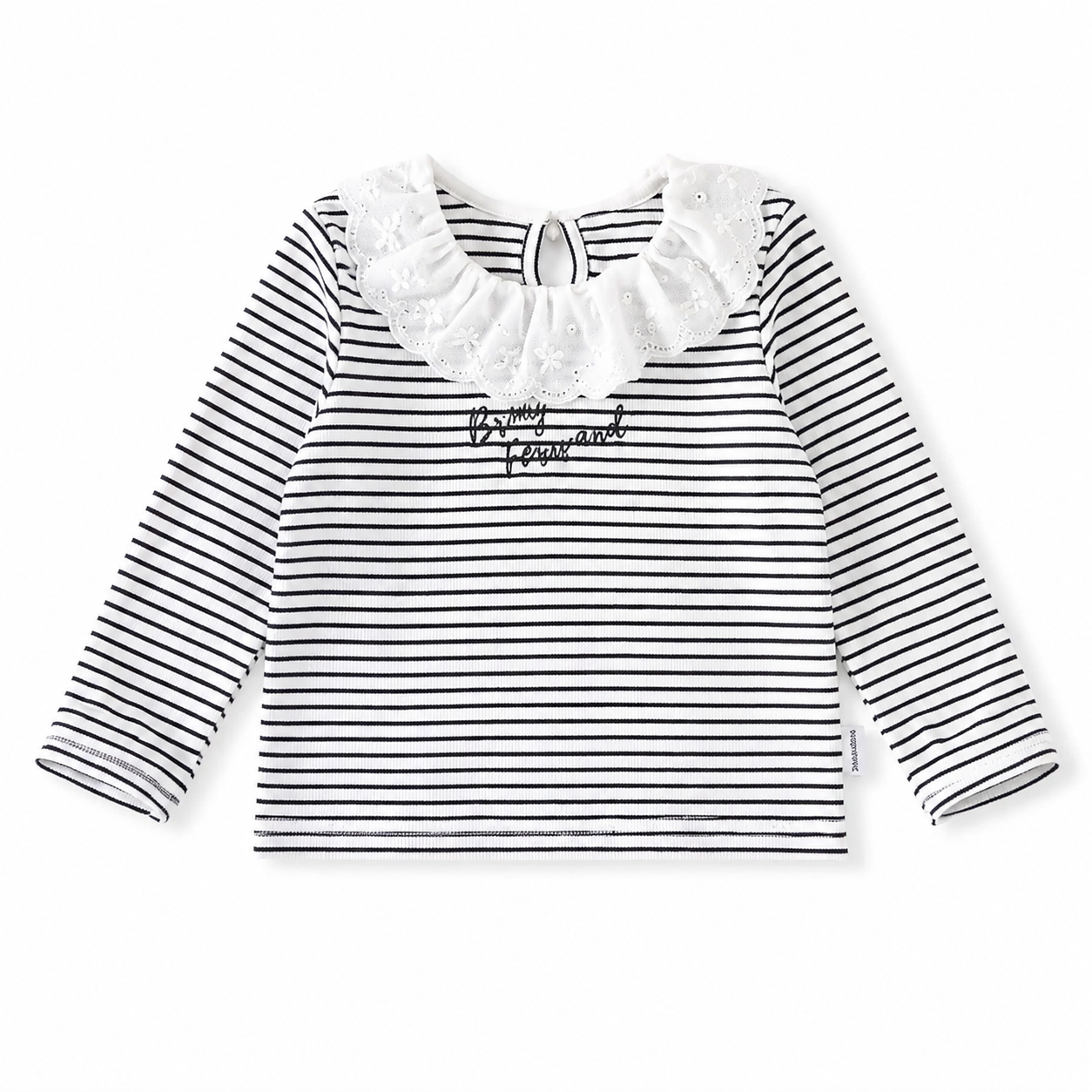 Front flat lay of a black and white striped girls long sleeve top with a wide white ruffle collar.