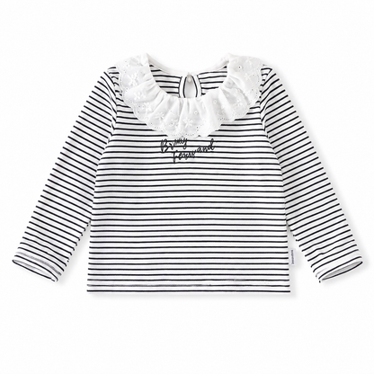Front flat lay of a black and white striped girls long sleeve top with a wide white ruffle collar.