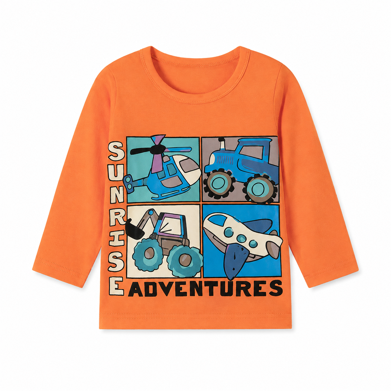 Front view of an orange boys cotton long sleeve tee with a vehicle graphic print.