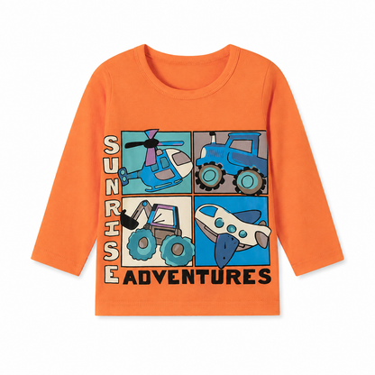 Front view of an orange boys cotton long sleeve tee with a vehicle graphic print.
