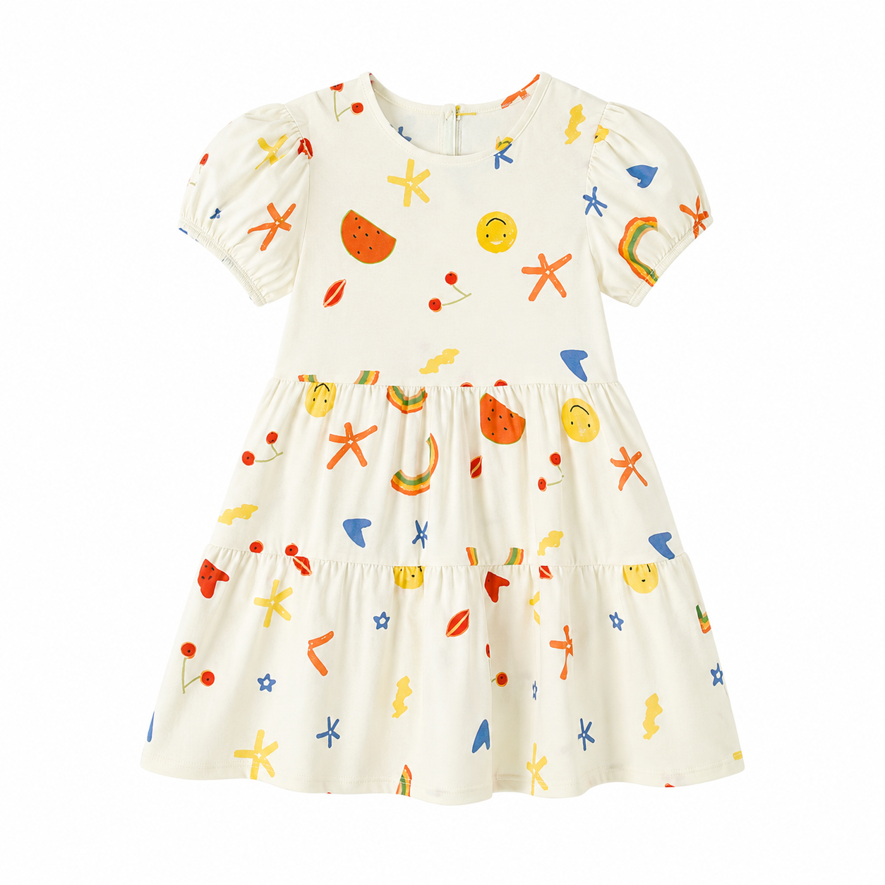 Front flat lay of a cream girls cotton dress with colorful print.